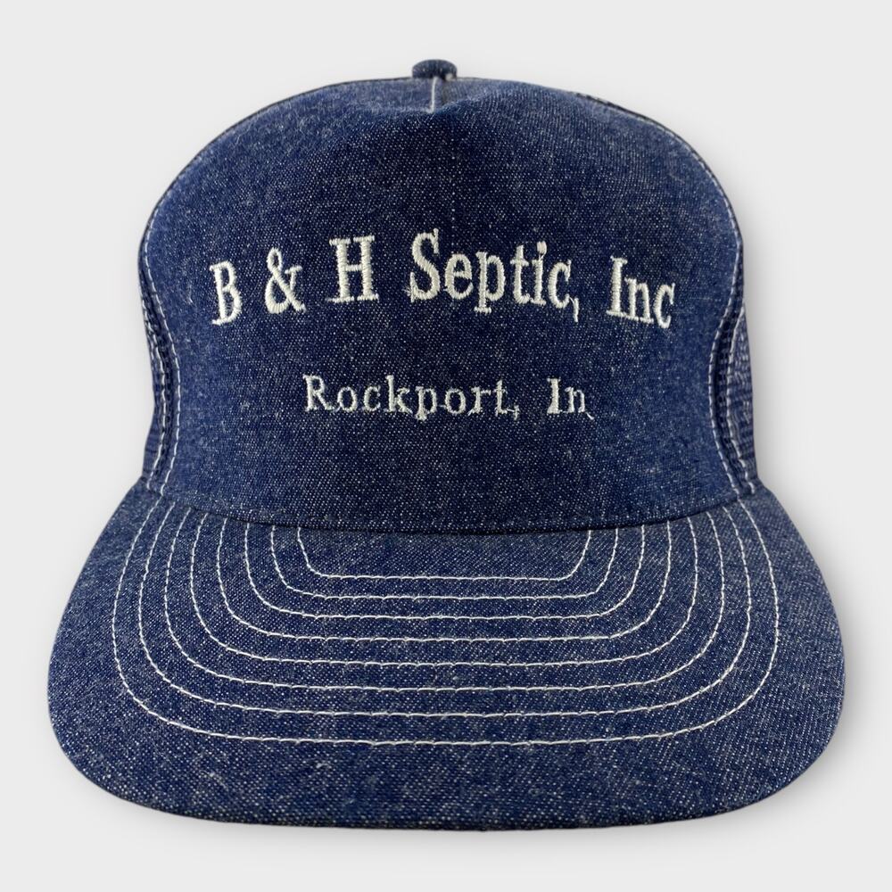 B&H Septic Inc Rockport Indiana Denim Trucker Hat Cap Vintage Snapback Novelty